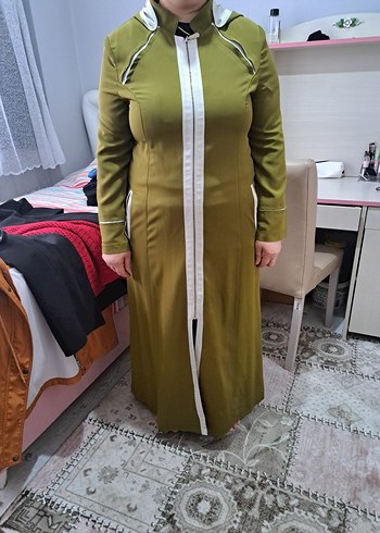 Kadın ceviz yeşili  Uzun Fermuarlı ince Kaban - Görsel 6