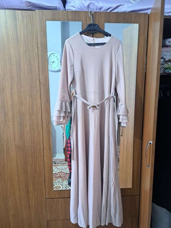 toz pembe Uzun Kollu Piliseli Kadın Elbise - Görsel 3