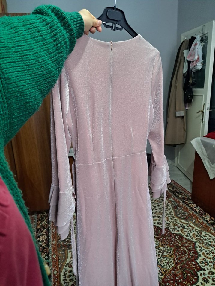 toz pembe Uzun Kollu Piliseli Kadın Elbise - Görsel 5