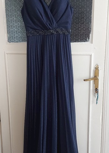 Lacivert Pilili Uzun Abiye Elbise - Görsel 7