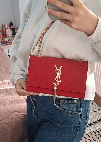 YSL Kırmızı Zincir Detaylı Süet Kadın Çanta - Görsel 2