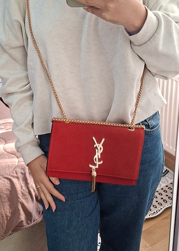 YSL Kırmızı Zincir Detaylı Süet Kadın Çanta - Görsel 6