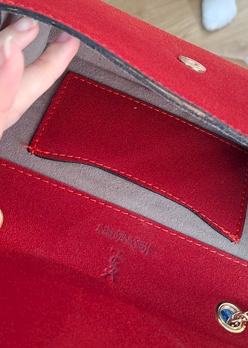 YSL Kırmızı Zincir Detaylı Süet Kadın Çanta - Görsel 5