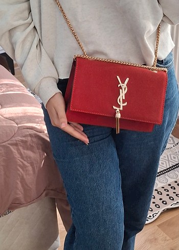 YSL Kırmızı Zincir Detaylı Süet Kadın Çanta - Görsel 4