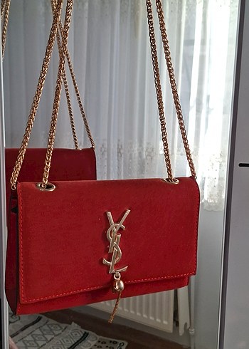 YSL Kırmızı Zincir Detaylı Süet Kadın Çanta - Görsel 3