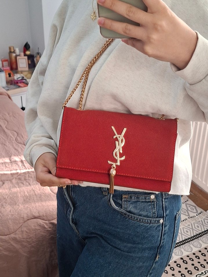 YSL Kırmızı Zincir Detaylı Süet Kadın Çanta - Görsel 2