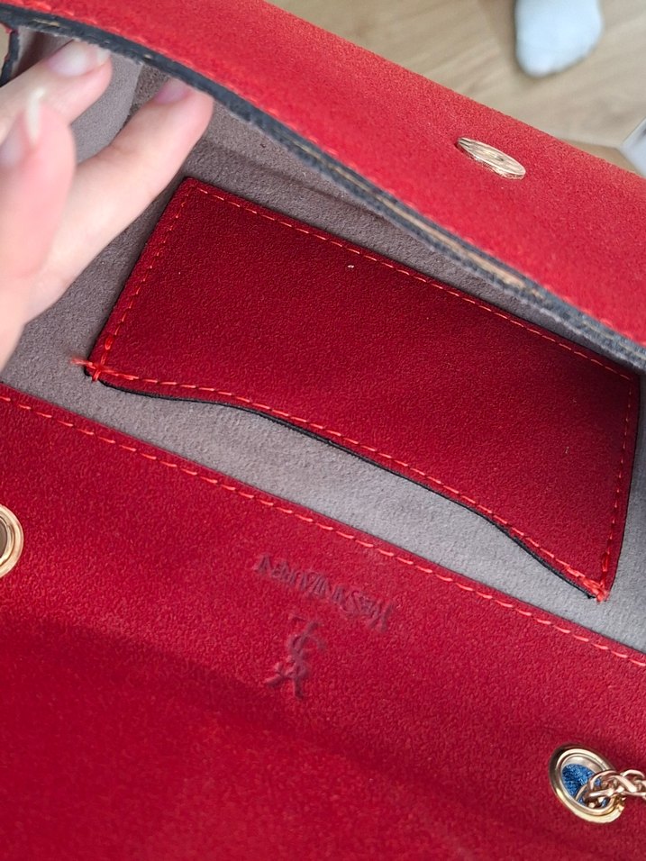 YSL Kırmızı Zincir Detaylı Süet Kadın Çanta - Görsel 5