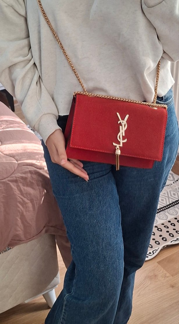 YSL Kırmızı Zincir Detaylı Süet Kadın Çanta - Görsel 4
