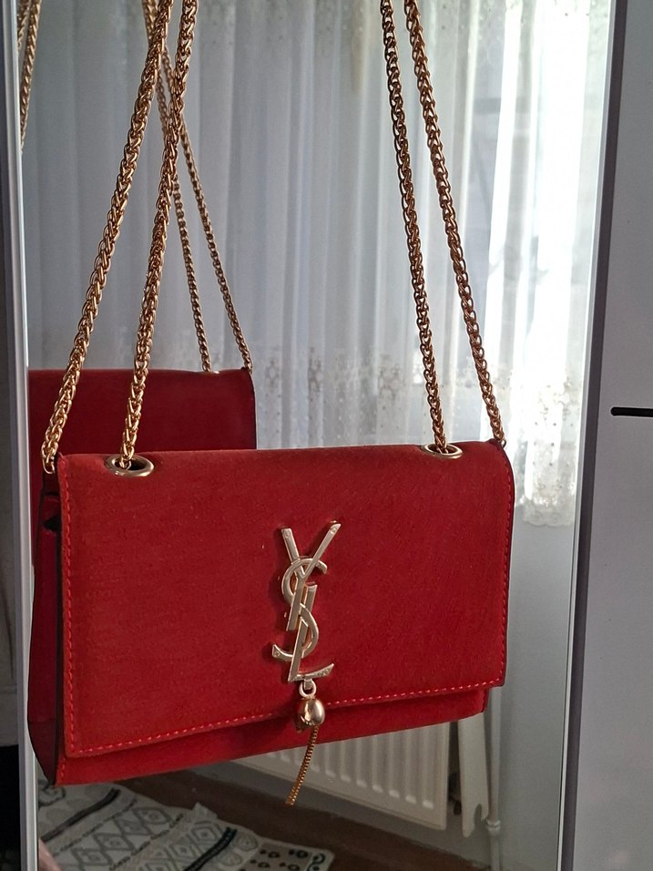 YSL Kırmızı Zincir Detaylı Süet Kadın Çanta - Görsel 3