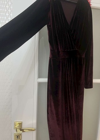 Bordo Uzun Kollu Drapeli Uzun Elbise - Görsel 6