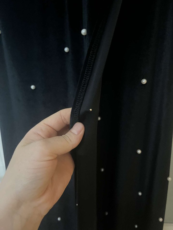 Uzun Kollu Siyah İnci İşlemeli Uzun Elbise - Görsel 5