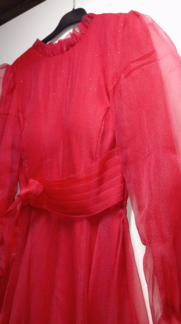 Uzun Kırmızı  Düğün Elbisesi - Görsel 5