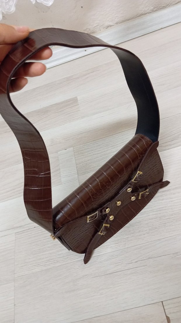 Kahverengi Deri Kemerli Vintage Kadın Çanta - Görsel 5