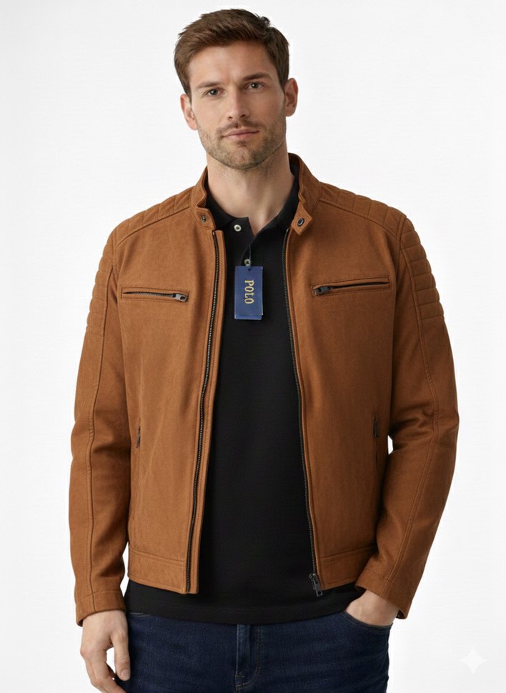 Kahverengi Süet Biker Erkek Ceket | Şık & Temiz Kullanım - Görsel 2
