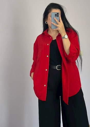 Kadın Kırmızı Uzun Kollu Salaş Gömlek - Görsel 2