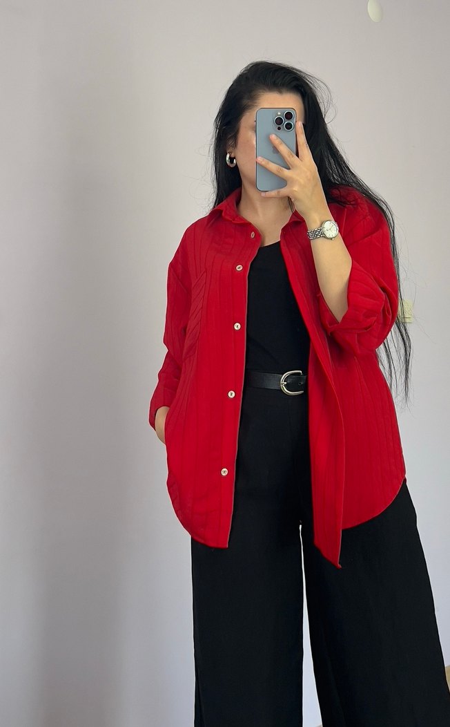 Kadın Kırmızı Uzun Kollu Salaş Gömlek - Görsel 2