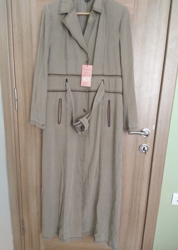 Bej Kemerli Uzun Keten Kadın Trençkot - Görsel 5