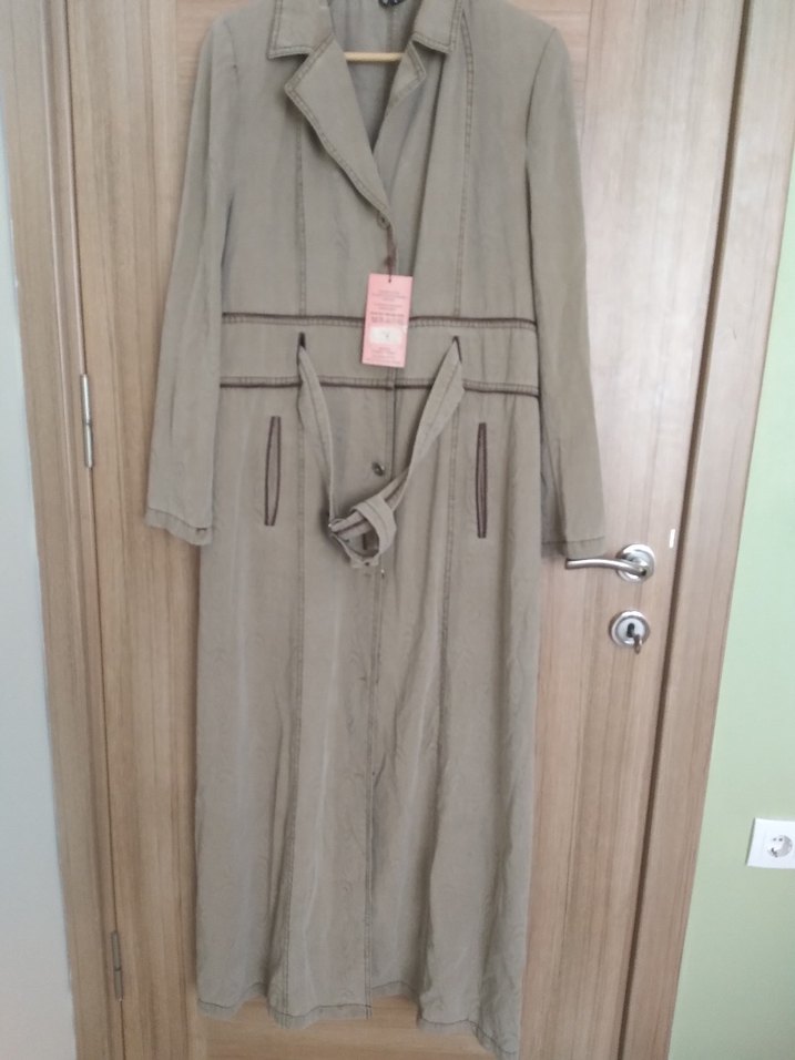 Bej Kemerli Uzun Keten Kadın Trençkot - Görsel 5