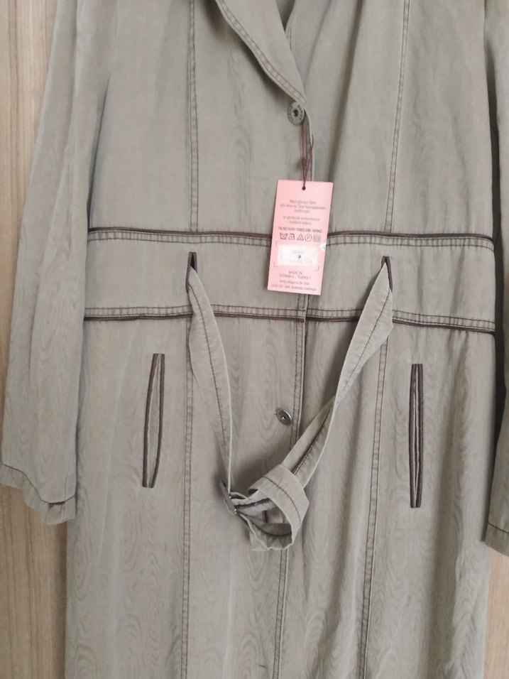 Bej Kemerli Uzun Keten Kadın Trençkot - Görsel 3