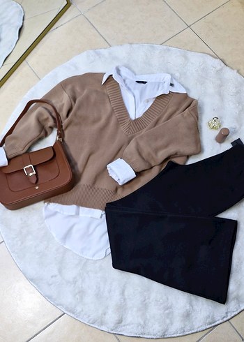 Camel V Yakalı Örgü Kadın Kazak - Görsel 2