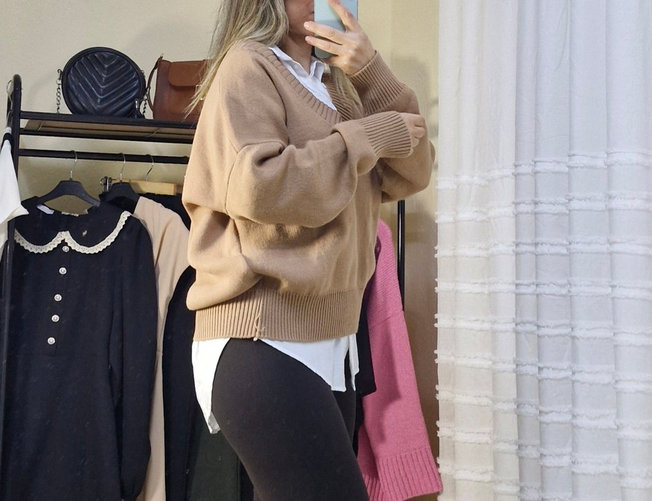 Camel V Yakalı Örgü Kadın Kazak - Görsel 4