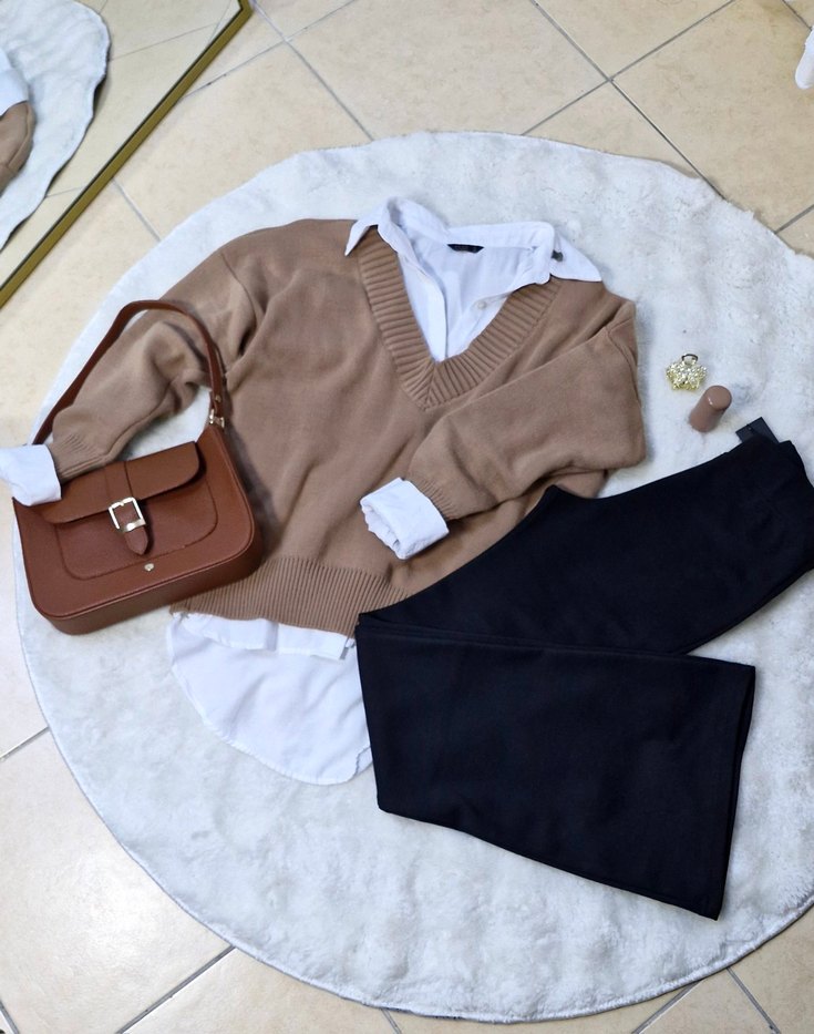 Camel V Yakalı Örgü Kadın Kazak - Görsel 2