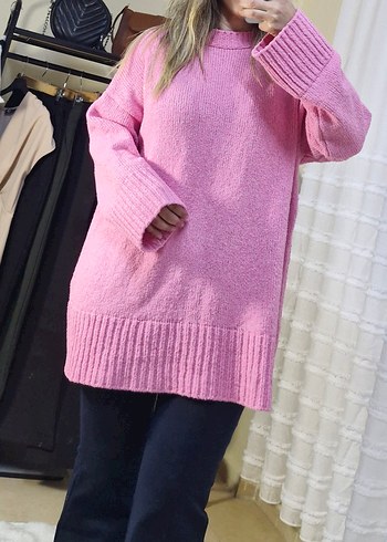 Pembe Oversize Triko Kadın Kazak - Görsel 3