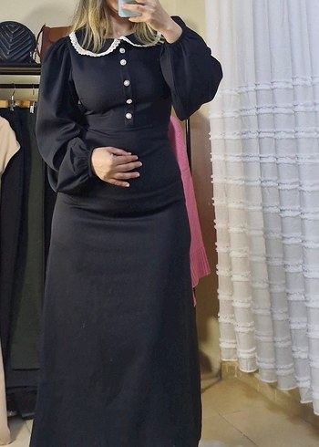 Düğmeli Yakalı siyah Uzun Elbise - Görsel 2