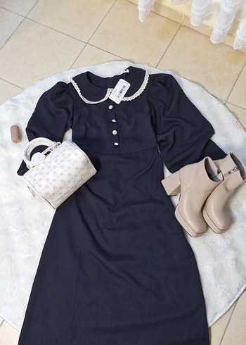 Düğmeli Yakalı siyah Uzun Elbise - Görsel 4