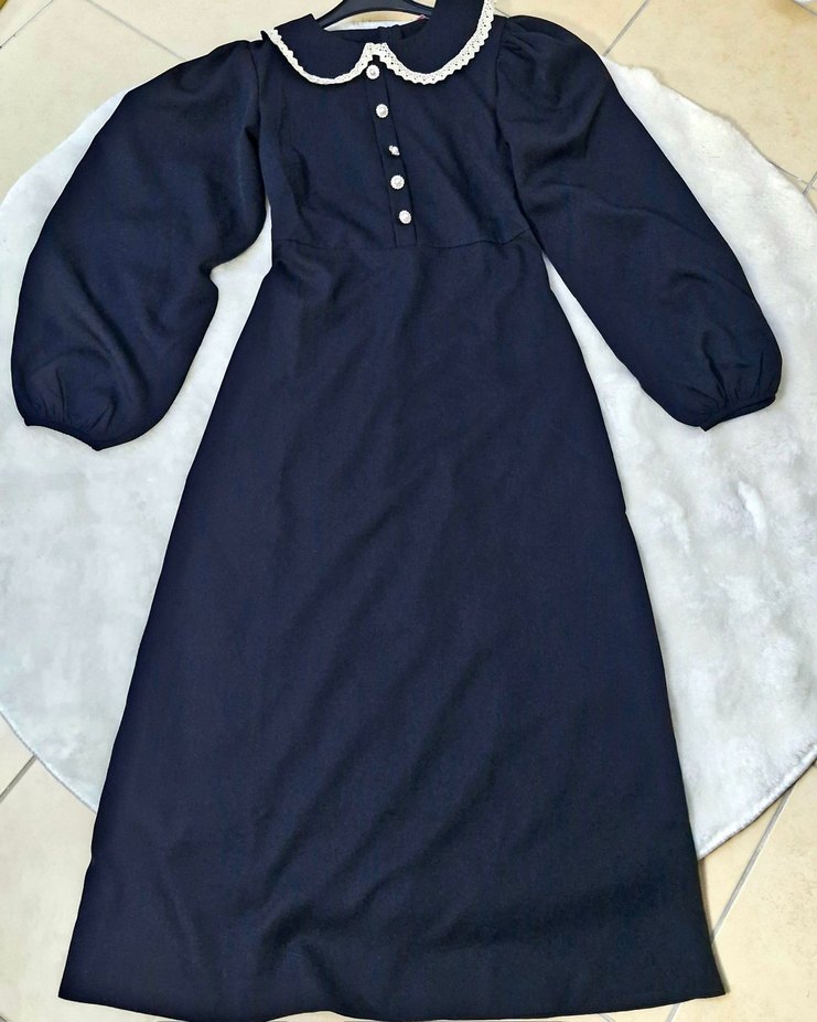 Düğmeli Yakalı siyah Uzun Elbise - Görsel 3