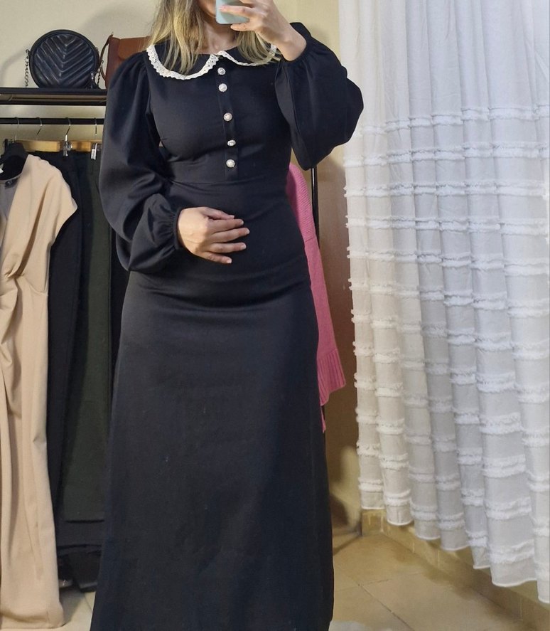 Düğmeli Yakalı siyah Uzun Elbise - Görsel 2