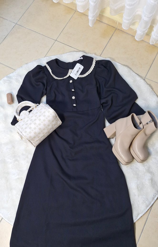 Düğmeli Yakalı siyah Uzun Elbise - Görsel 4