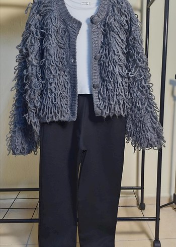 Bohem antrasit  saçaklı Örgü Hırka - Görsel 2