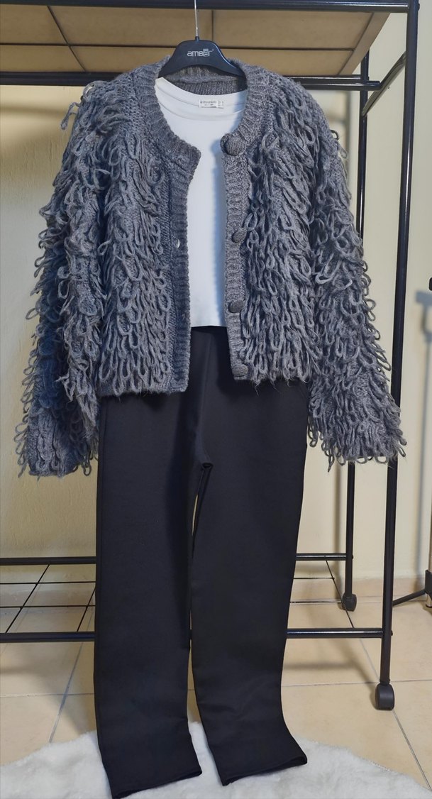 Bohem antrasit  saçaklı Örgü Hırka - Görsel 2