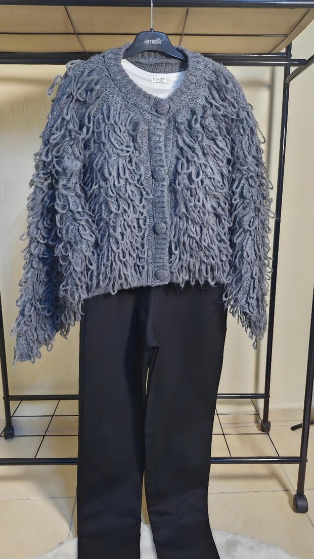 Bohem antrasit  saçaklı Örgü Hırka - Görsel 4