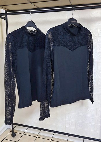 Siyah  Dantelli Yüksek Yakalı Kadın Bluz M Beden - Görsel 2