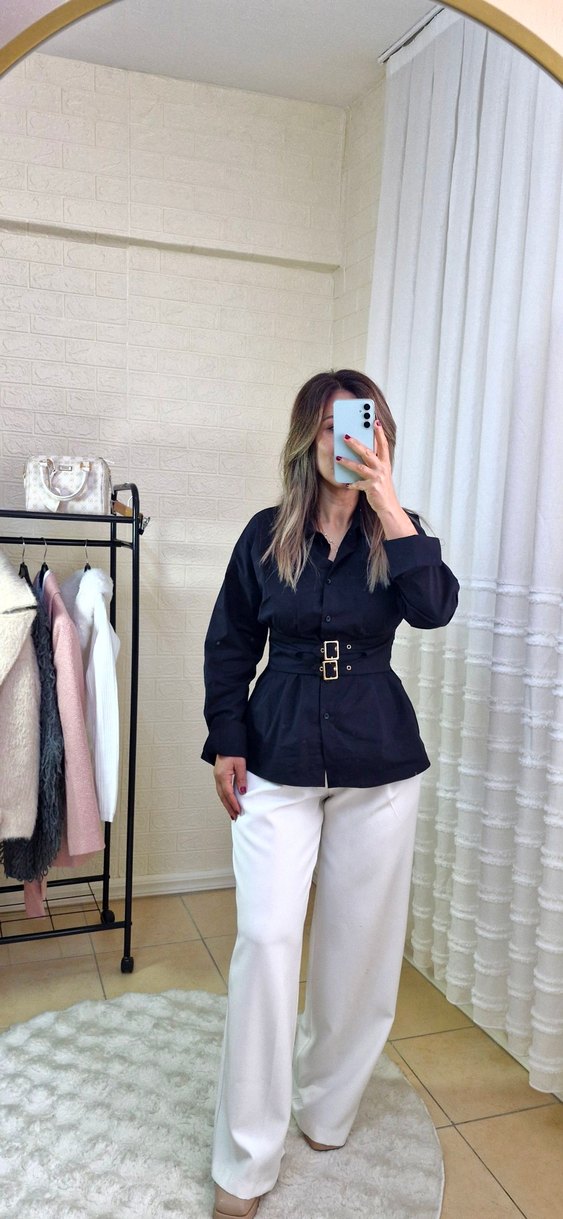 Kemer Detaylı Siyah Kadın Gömlek. S.M.L bedenler mevcut - Görsel 4