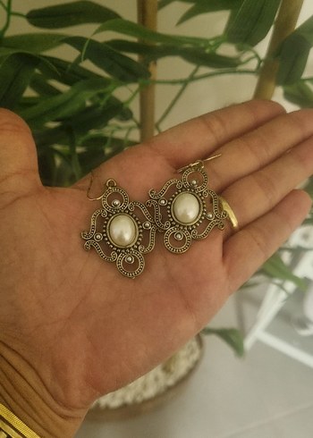 Bej Nakışlı Boncuklu Bohem Midi Küpe