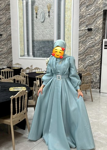 l Beden Uzun Kollu Yüksek Yaka Pastel mint yeşili Abiye Elbise