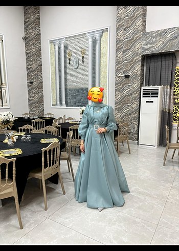 Uzun Kollu Yüksek Yaka Pastel mint yeşili Abiye Elbise