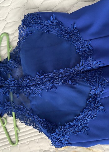 Koyu Mavi Dantel Detaylı midi  Abiye Elbise - Görsel 4