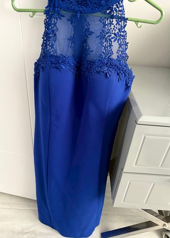 Koyu Mavi Dantel Detaylı midi  Abiye Elbise - Görsel 3