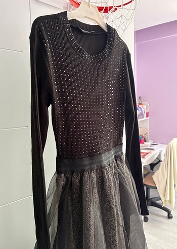 Uzun Kollu Siyah Payetli Gotik Elbise - Görsel 2