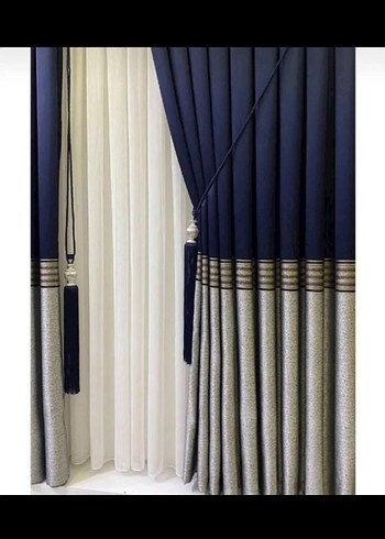 Modern Klasik Mavi Nakışlı Perde aksesuar dahil - Görsel 2