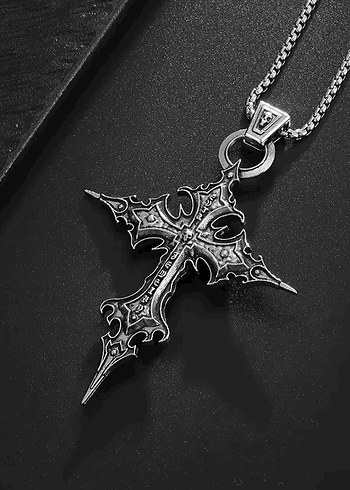 Siyah Gotik Zincir Detaylı Haç Kolye cift tarafilo kullanim - Görsel 4