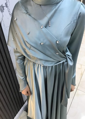 Mint yeşili Drapeli Uzun Abiye Elbise - Görsel 3