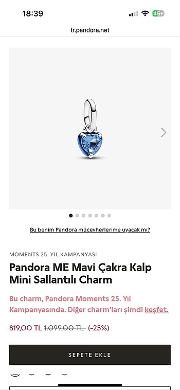 Pandora mavi çakra kalp charm
