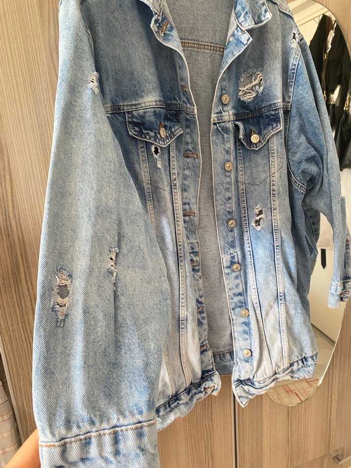 Düğmeli Gri Mavi Kadın Denim Ceket - Görsel 2