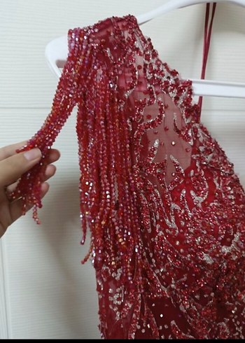 s Beden bordo Renk Bordo Nakışlı Dantel Detaylı Uzun Elbise