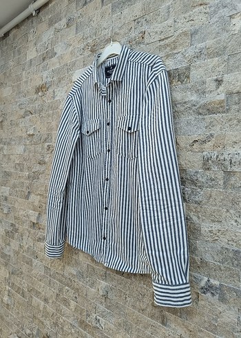Erkek Gri Beyaz Çizgili Denim Gömlek - Görsel 2
